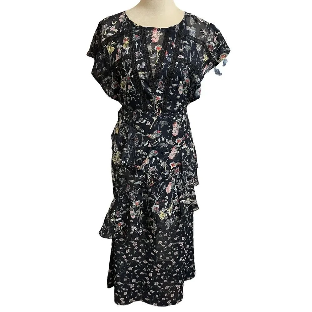 Anthropologie Foxiedox “Carolina” Navy Blue Floral Layered Semi-Sheer Midi (2) - Picture 3 of 16